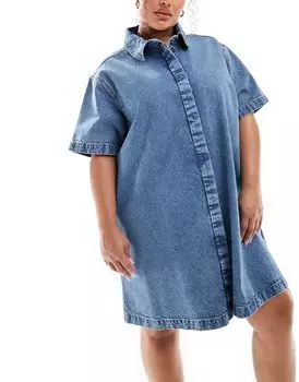 Голубое джинсовое платье-рубашка с короткими рукавами ASOS Curve