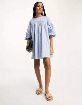 Голубое хлопковое свободное платье мини с защипами и пышными рукавами ASOS Design