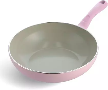 Greenpan Green Pan Chef Глубокая сковорода-вок 11 дюймов, совместимая с IH, керамическая отделка, антипригарное покрытие внутри и снаружи, легко очищается, нетоксичный материал, земляной цвет, розовый кварц, Quartz Pink