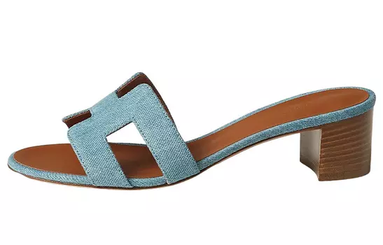 Женские шлепанцы Hermes, голубой/коричневый