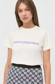 Хлопковая футболка 225W1701 Karl Lagerfeld, бежевый