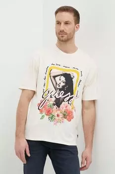Хлопковая футболка Guess, бежевый