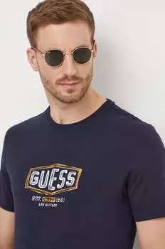 Хлопковая футболка Guess, темно-синий