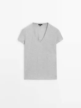 хлопковая футболка с V-образным вырезом Massimo Dutti, серый