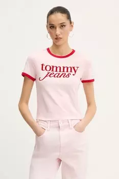 Хлопковая футболка Tommy Jeans, розовый