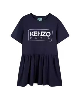Хлопковое платье для девочки с логотипом спереди Kenzo Kids, тёмно-синий