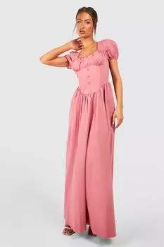 Хлопковое платье макси с пышными рукавами boohoo, розовый