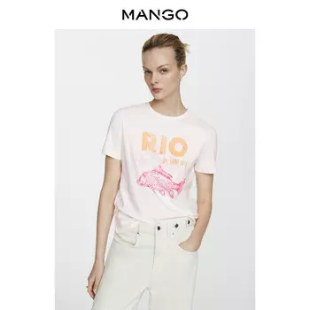 Хлопковый топ Mango с короткими рукавами с принтом, розовый