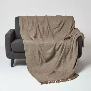 HOMESCAPES Покрывало Malda XXL 255 x 360 см, коричневое с бахромой - хлопковое одеяло с ромбовидным узором