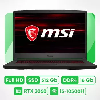 Игровой ноутбук MSI GF65 Thin, 15.6'', 16 Гб/512 Гб, i5-10500H, RTX 3060, черный, английская клавиатура