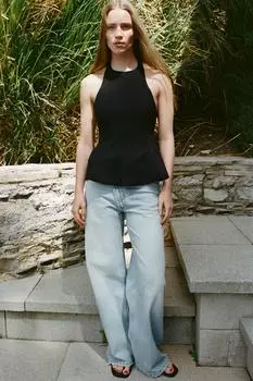 Эластичный топ с баской на бретельках ZARA, черный