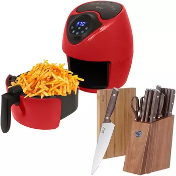 Электрическая безмасляная цифровая фритюрница Deco Chef 3.7QT, красный + набор кухонных ножей Deco Chef из 16 предметов с клиновидными ручками, ножницами, блоком и разделочной доской