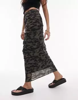 Юбка миди цвета хаки с драпировкой и животным принтом Topshop