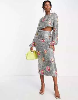 Юбка миди с цветочными пайетками ASOS