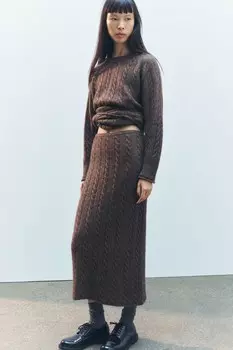 Юбка миди с косами и шерстью ZARA, коричневый