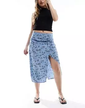Юбка Pieces Ruched Side Midi With Slit, голубой