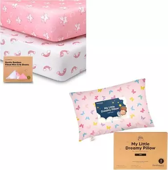 Kea Babies, 2 мини-простыня для кроватки и мини-подушка для малышей с наволочкой — комплект простыней Pack and Play — мини-подушка My Little Dreamy 9x13 — органическая простыня для детской кроватки для матраса Pack and Play KeaBabies