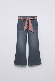 Клетчатые джинсы с поясом ZARA, серый