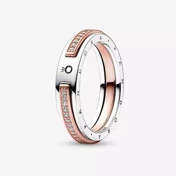 Кольцо Pandora Signature Two-tone Logo & Pave, серебро/розовое золото