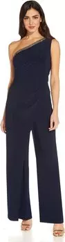 Комбинезон Adrianna Papell One Shoulder Stretch Jersey Jumpsuit with Beaded Trim, цвет Midnight