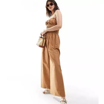 Комбинезон Asos Design Ruffled Top And Wide Legs, светло-коричневый