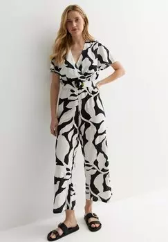 Комбинезон Leaf Print Belted Wrap Wide Leg New Look, черный