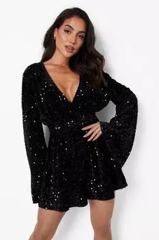 Комбинезон с открытой спиной и расклешенными рукавами с пайетками boohoo, черный