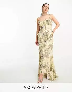 Комбинированное зеленое платье макси с рюшами и рюшами ASOS DESIGN Petite ASOS Petite