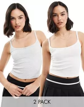 Комплект из двух топов в рубчик с кружевной отделкой Miss Selfridge (бело-серый меланжевый)