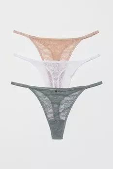 Комплект из трех кружевных трусов-стрингов H&amp;M, шалфей зеленый/розовый/белый