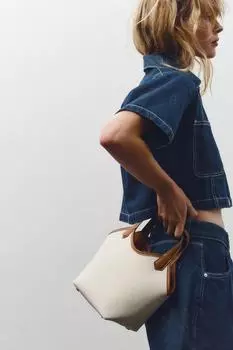 Контрастная холщовая мини-сумка-тоут ZARA, экрю