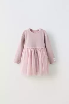 Контрастное платье из тюля ZARA, светло-розовый