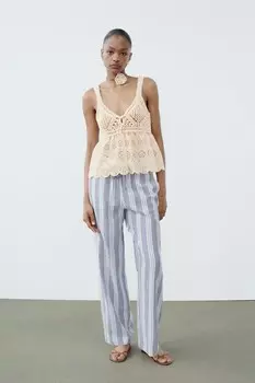 Контрастный трикотажный топ с вышивкой рисунком ZARA, цвет mid-ecru