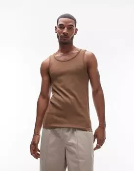Коричневая футболка без рукавов в рубчик Topman