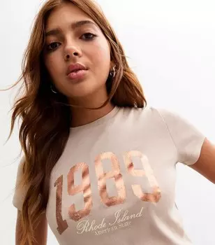 Коричневая хлопковая футболка с принтом 1989 года для девочек New Look, светло-коричневый