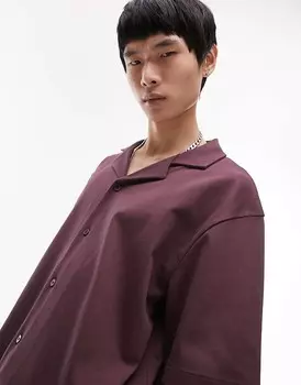Коричневая рубашка-поло оверсайз Topman – с планкой на пуговицах во всю длину и воротником с лацканами