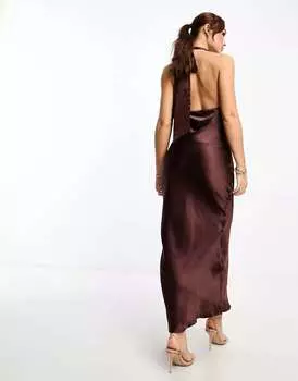 Коричневое атласное платье миди с бретельками River Island