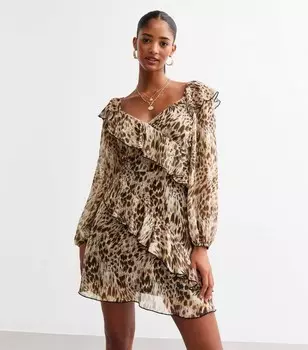 Коричневое мини-платье с рюшами с животным принтом New Look, коричневый