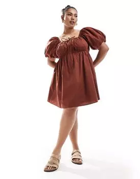 Коричневое платье мини с пышными рукавами ASOS DESIGN Curve