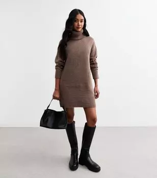 Коричневое вязаное мини-платье-джемпер с высоким воротником New Look, коричневый