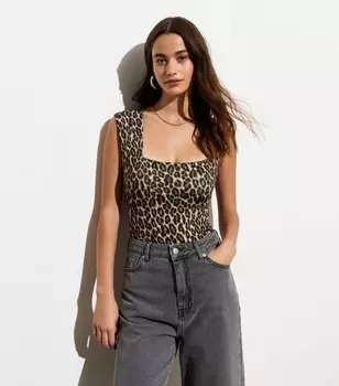 Коричневый боди с квадратным вырезом и леопардовым принтом New Look, коричневый