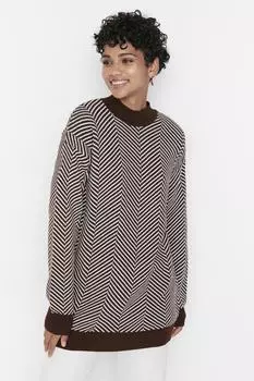 Коричневый трикотажный свитер в полоску с высоким воротником Trendyol Modest