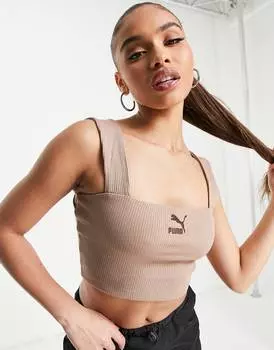 Коричневый укороченный топ в рубчик на массивных бретельках Puma Classics