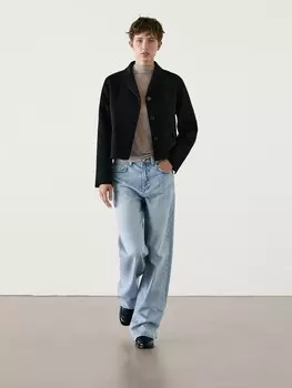 Короткое фактурное пальто из смесовой шерсти Massimo Dutti, черный