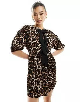 Короткое леопардовое платье ASOS DESIGN с завязкой спереди и пышными рукавами