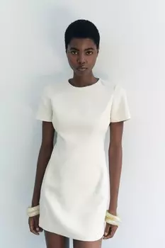 Короткое платье с вышивкой ZARA, экрю