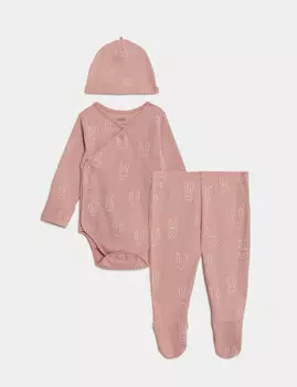 Костюм кролика из 3 предметов из чистого хлопка (от 7 фунтов до 1 года) Marks & Spencer, розовый микс