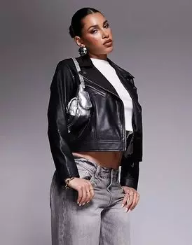 Кожаная байкерская куртка черного цвета River Island