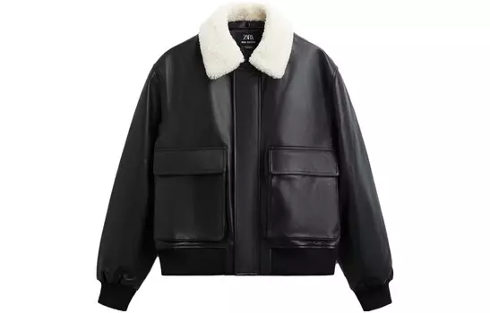 Кожаная куртка мужская черная Zara, черный