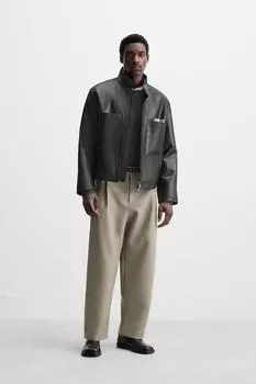 Кожаная куртка с карманами ZARA, черный